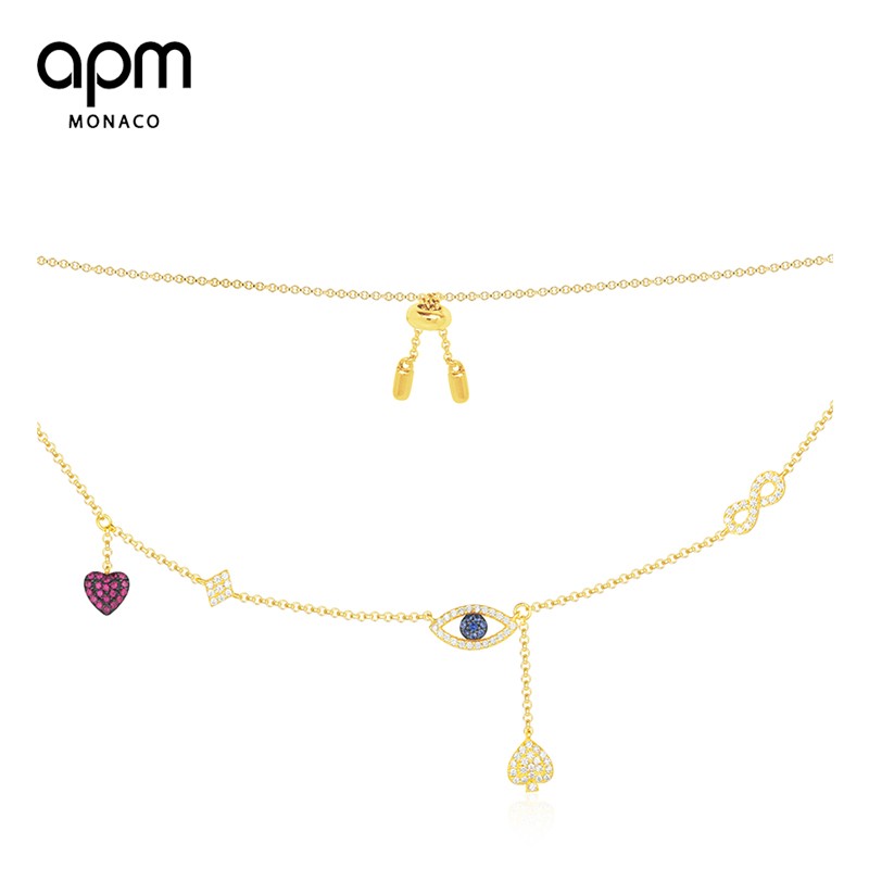 APM Monaco金黄色银镶晶钻幸运符项链 转运吊坠长款 设计感锁骨链